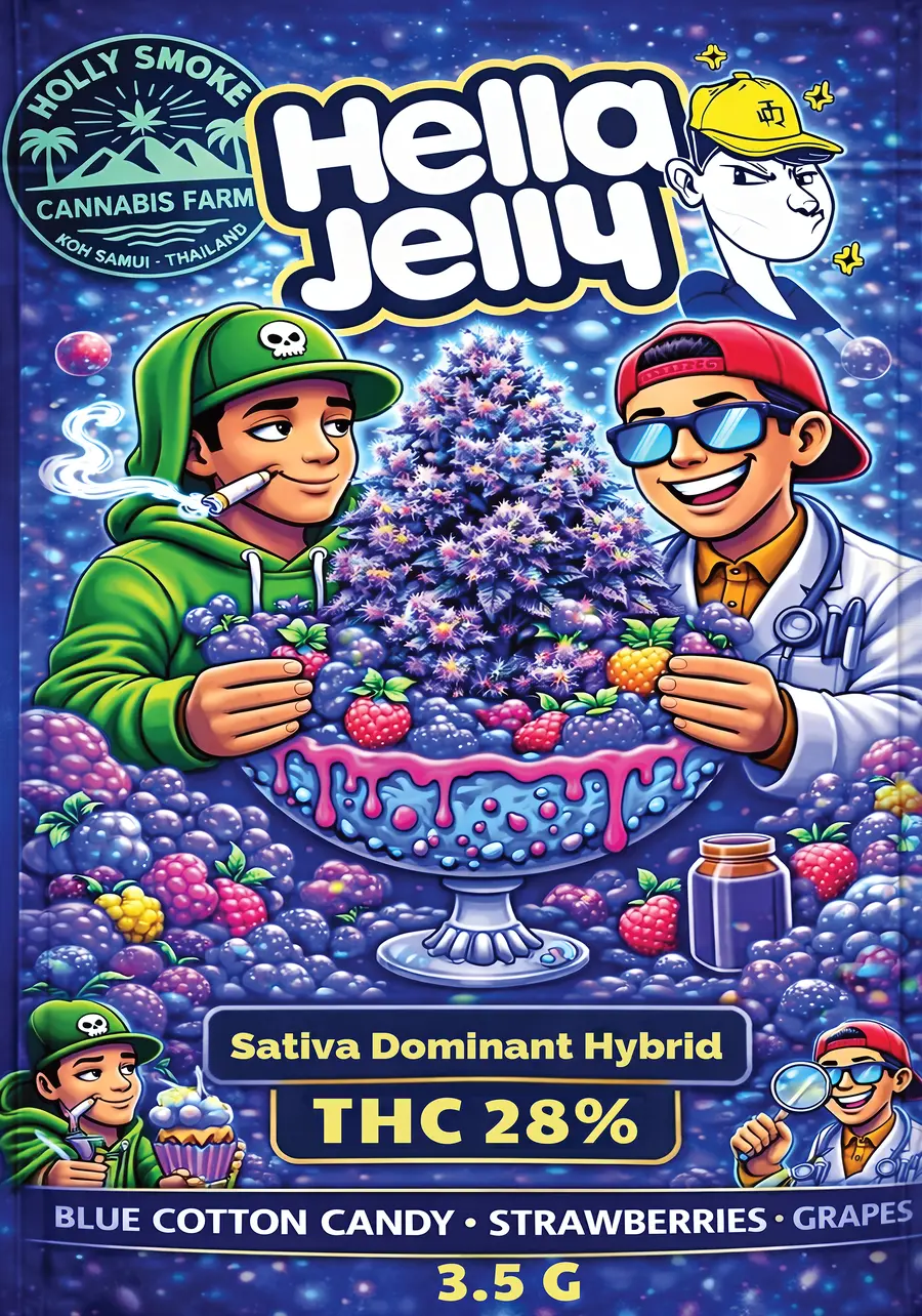 Hella Jelly Bx3 official batch packaging — 28% THC Sativa Dominant Hybrid, Holly Smoke Farm Koh Samui