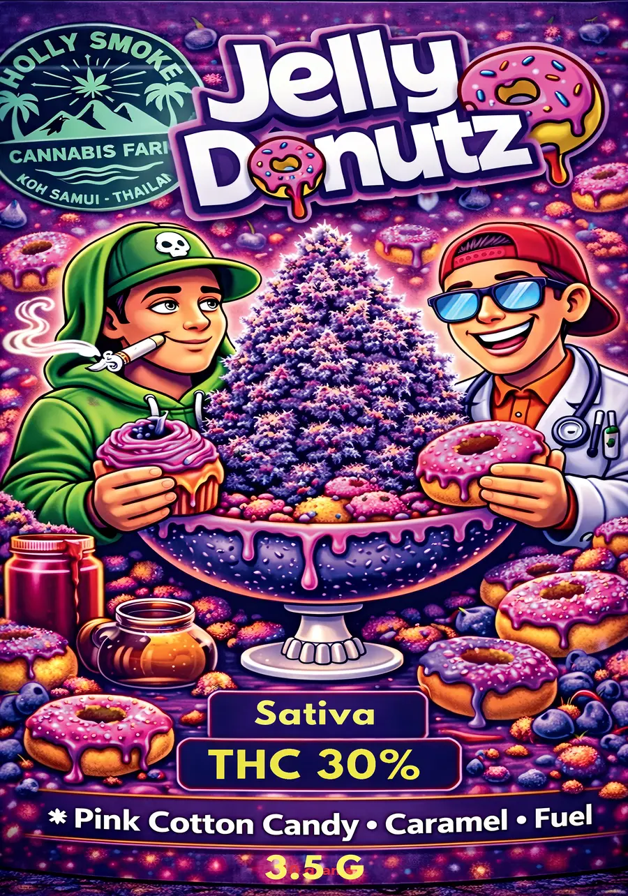 Jelly DonutZ official batch packaging — 30% THC Sativa Hybrid, Holly Smoke Farm Koh Samui