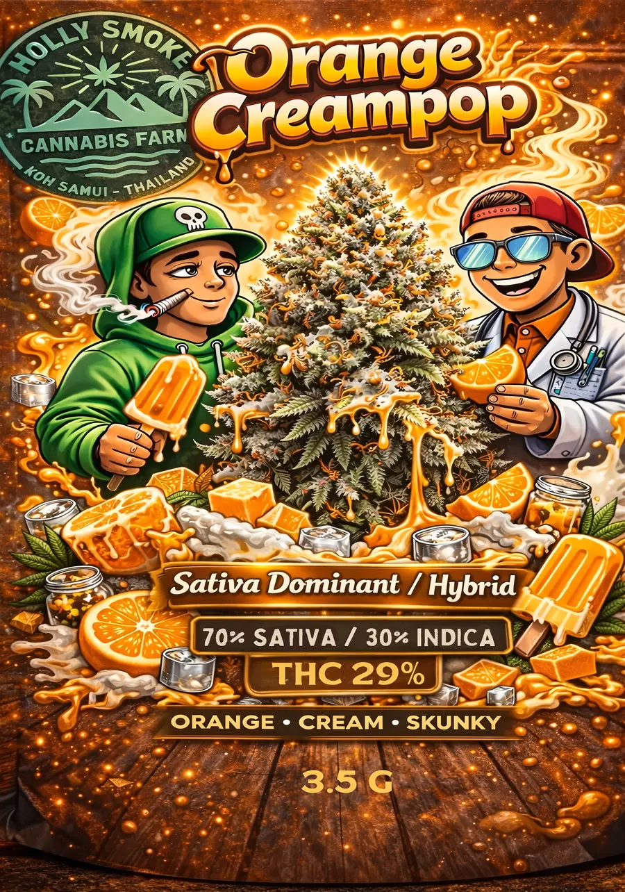 Orange CreaPops official batch packaging — 30% THC Sativa, Holly Smoke Farm Koh Samui